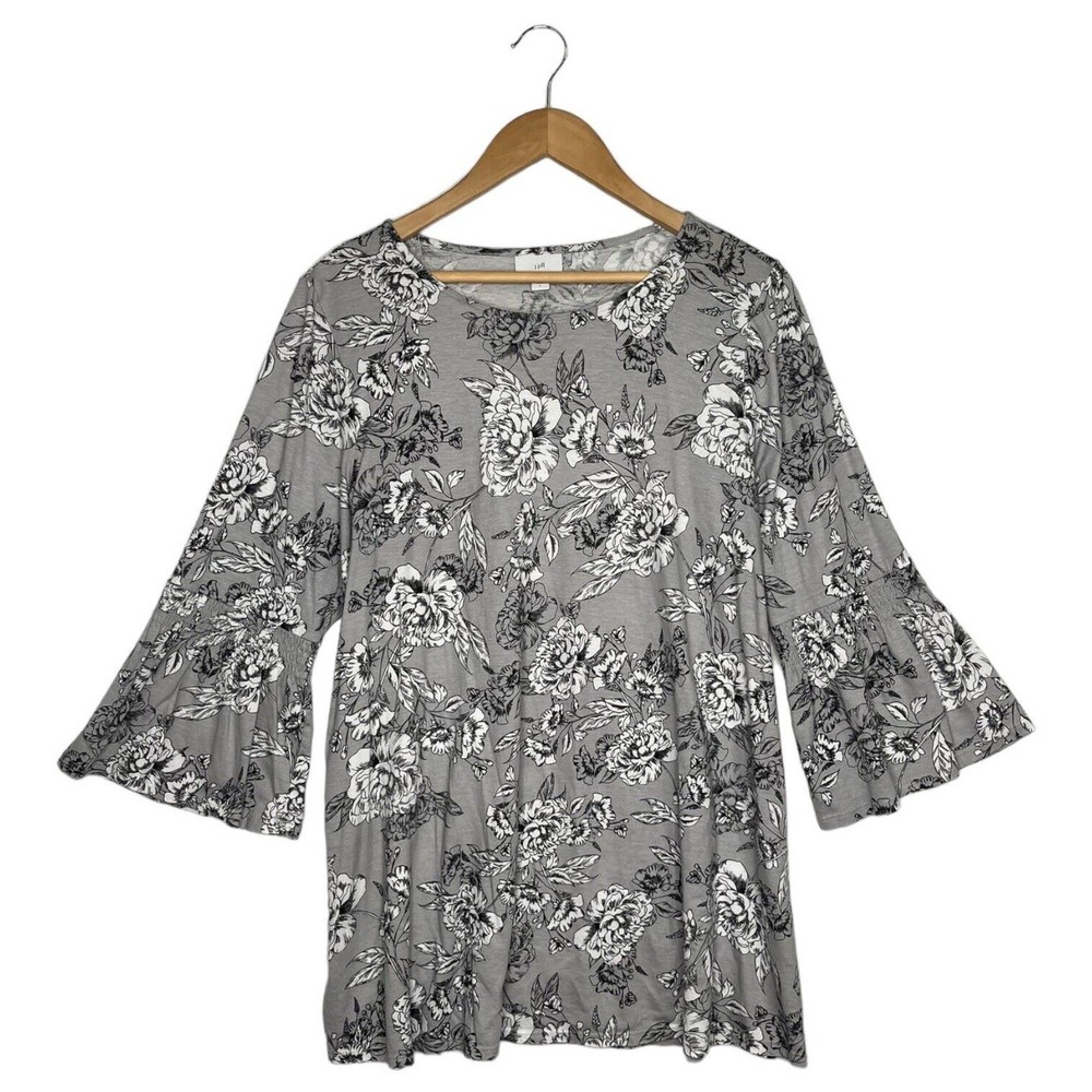 J Jill Top Womens L Floral Smocked Bell Sleeve Round Neck Modal Cotton Boho Gray - Picture 2 of 13